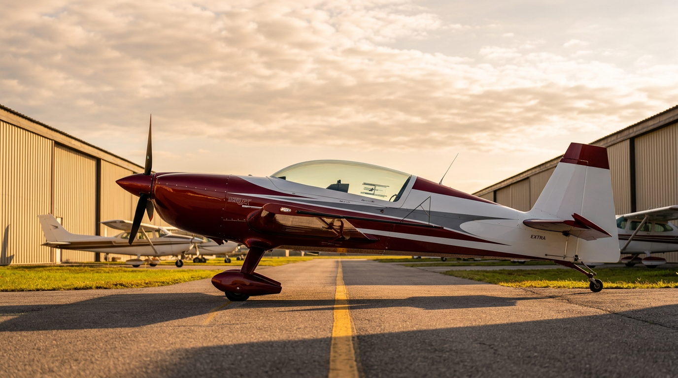 The red Extra 330LX aerobatic aircraft on the ramp in golden afternoon light